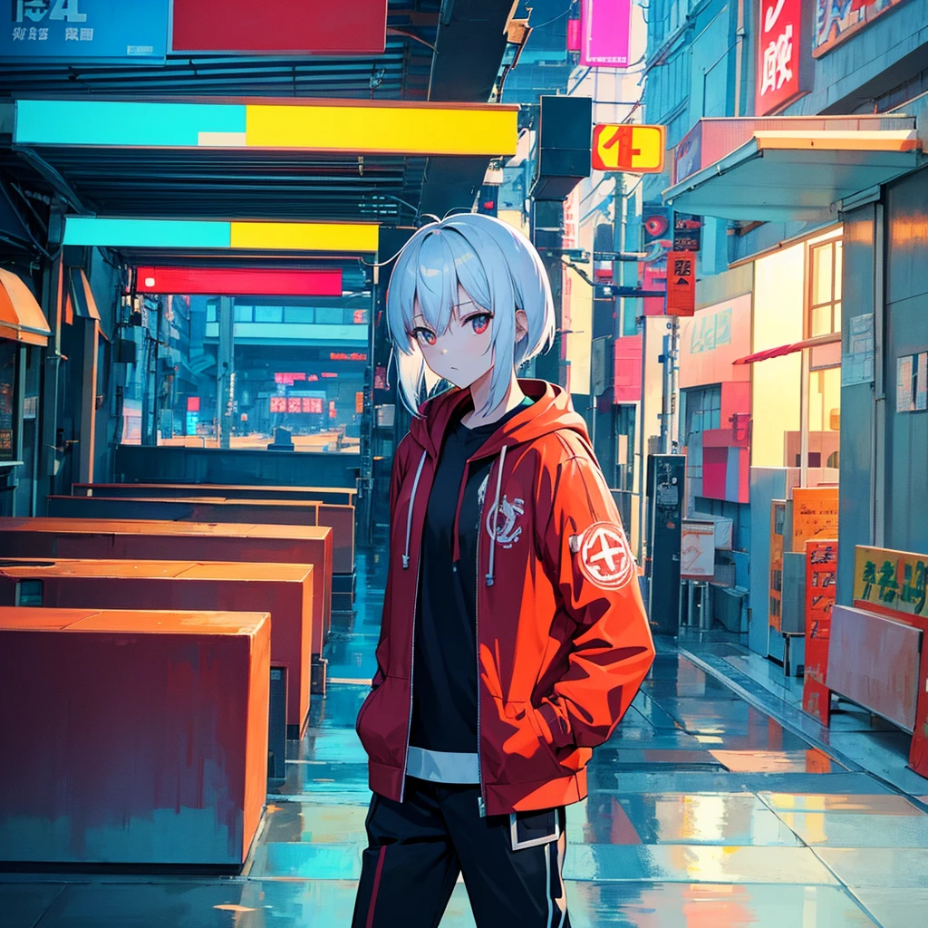 White-haired anime girl in a red jacket posing in front of a building, Anime style 4 k, Cyberpunk anime girl wearing a hoodie, Azur route style, Popular on cgstation, Bad guy anime 8k, best anime 4k konachan wallpaper, Anime style. 8K, Popular on cgstation内容, 4k anime wallpaper, Digital Cyberpunk Anime Art, Anime Wallpaper 4K