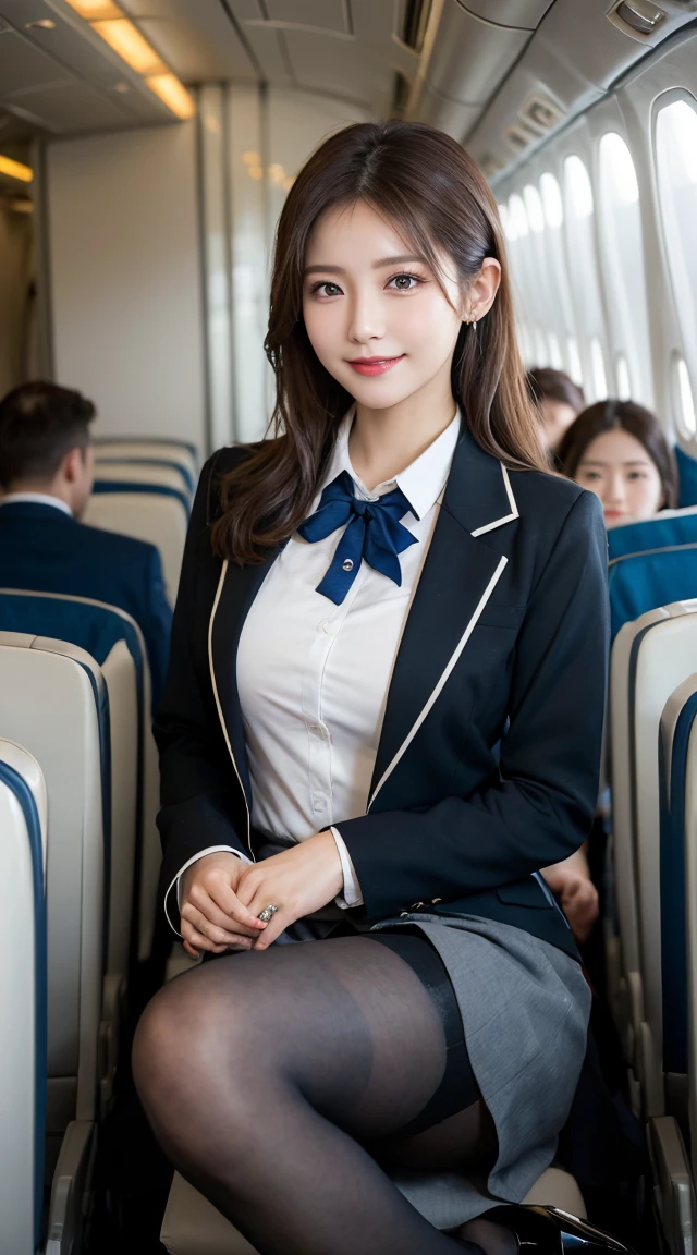 highest quality、table top、8k、best image quality、Award-winning work)、one beautiful woman、radiant beautiful skin , masterpiece、top-quality、The ultra -The high-definition、depth of fields、lens flare 1 girl、、brown hair、ponytail, watching at viewers glares, large breasts , stewardess uniform, (grey stewardess blazer:1.2), short skirt, (black ysl high heels), perfect legs, model pose, view from below, smiling , flight cabin, pantyhose