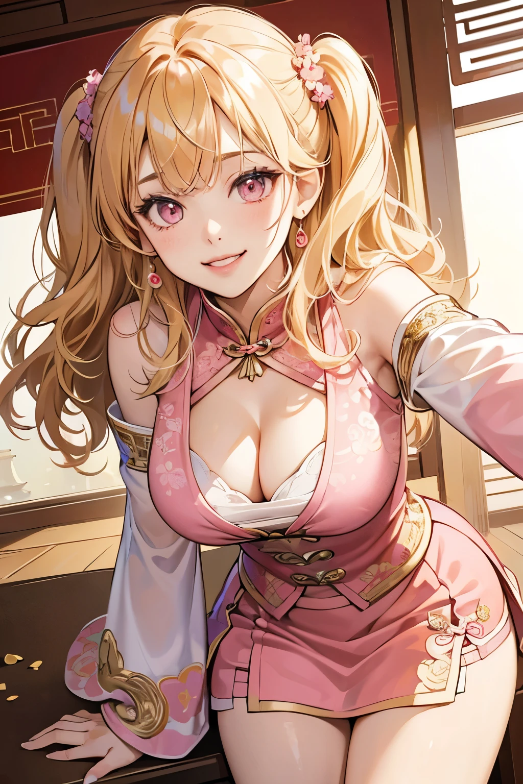 masterpiece, best quality, 1 girl, solo, large breasts, swept bangs, honey blond hair, blunt bangs , pink chinesedress, mini skirt, pink eyes, leaning forward, smile, (close-up breasts:1.2), cleavage, (Beijing:1.2), medium length hair , curly hair , two side up ,