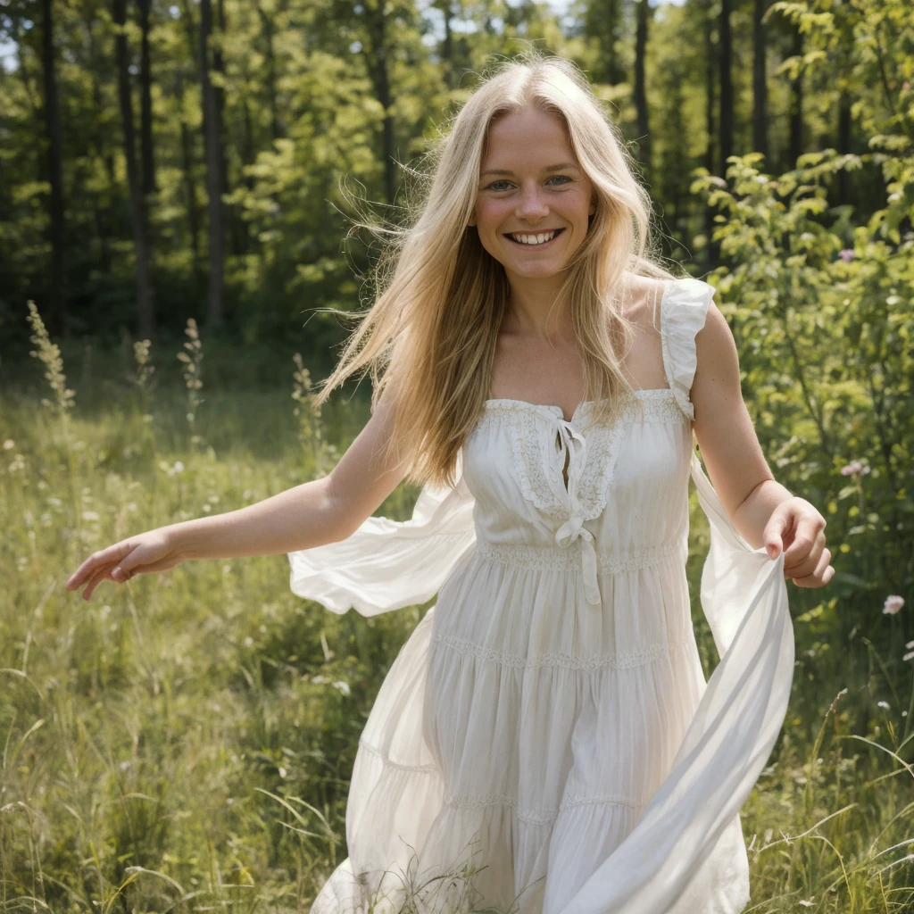 A closeup portrait photo of beautiful 25 year old pretty swedish blonde smiling girl, dancing. Nice traditional Swedish long dress, Sweden natural summer environments Canon EOS 5D Mark IV, high emotional impact, experimental photography