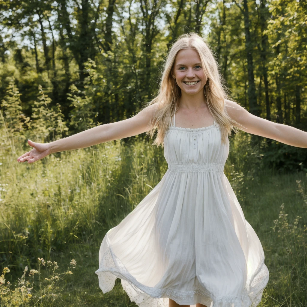 A closeup portrait photo of beautiful 25 year old pretty swedish blonde smiling girl, dancing. Nice traditional Swedish long dress, Sweden natural summer environments Canon EOS 5D Mark IV, high emotional impact, experimental photography