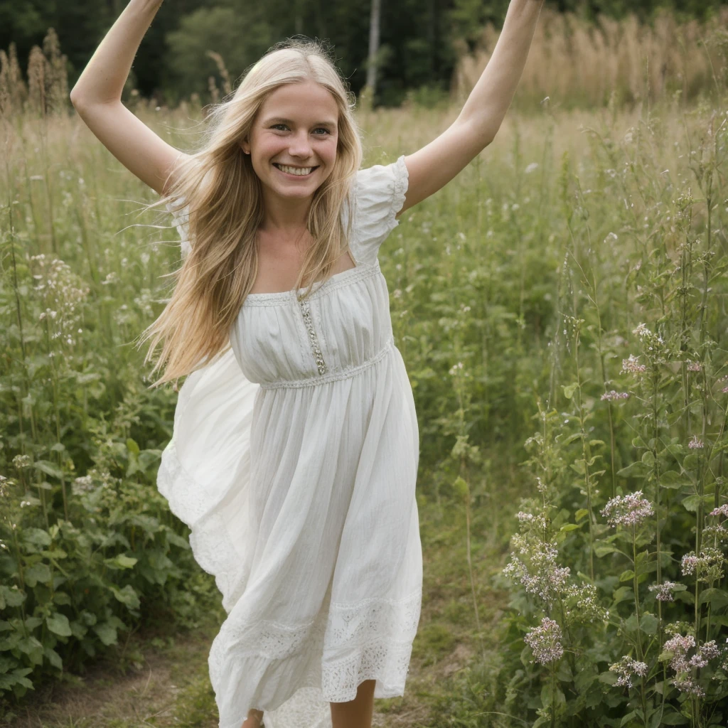 A closeup portrait photo of beautiful 25 year old pretty swedish blonde smiling girl, dancing. Nice traditional Swedish long dress, Sweden natural summer environments Canon EOS 5D Mark IV, high emotional impact, experimental photography