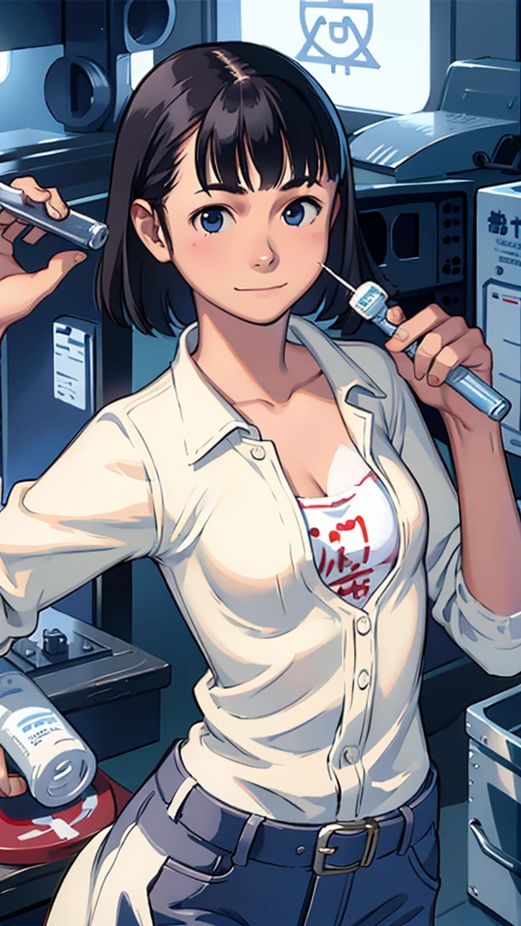 Highest quality、woman、White、Scientist、Suspicious Smile、Large Breasts、Holding a syringe