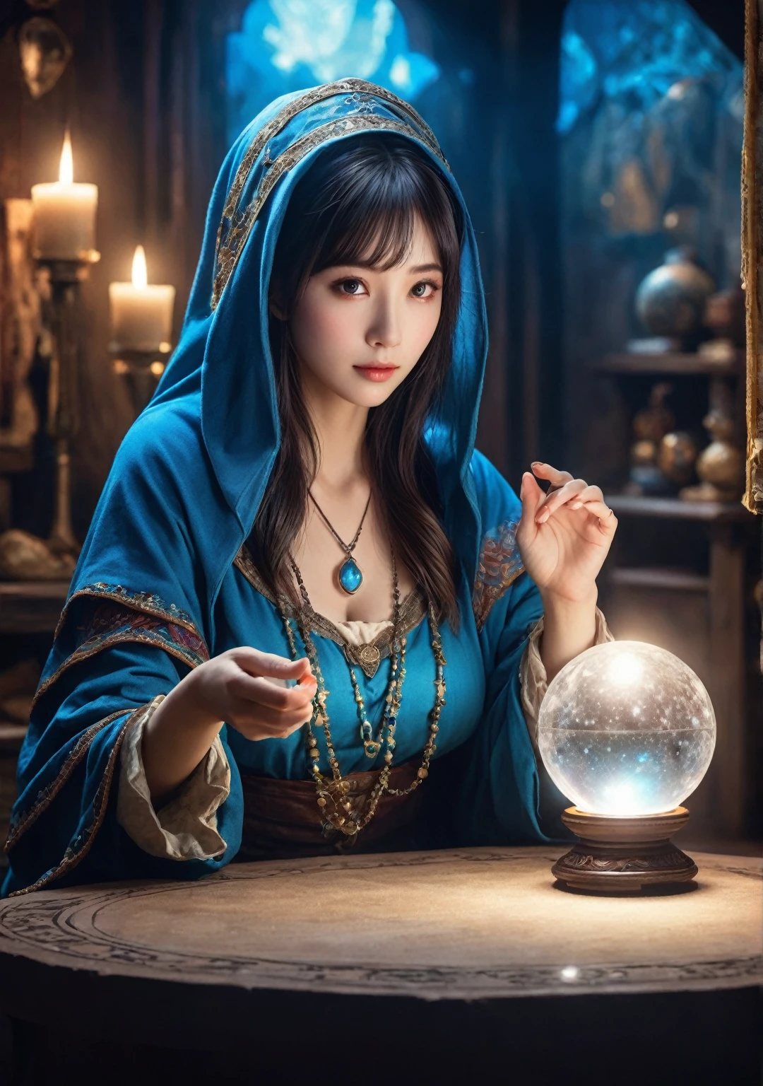 Female fortune teller. Charming, beautiful, and mysterious. She wears a blue cloak and has distinct features. front. The atmosphere is bright and sparkling, full of anxiety and anticipation. A fortune teller is standing there. The body is facing forward. he is looking at you He has a crystal ball in his hand. There are five fingers on the right hand. The interior of the store is brightly lit and creates a magical atmosphere. Best picture quality, 4k or 8k resolution. The level of detail is very detailed and realistic, close to photorealism. Artistic style should reflect an official aesthetic with bright colors and strong contrasts. The color palette should emphasize the mystical and mystical theme of the work. The fortune teller's cloak has a metal edging with a thickness ratio of 1.5 and a detailed design. The overall atmosphere is magical, like a starry sky. The fortune teller's expression arouses mystical interest. Please take a photo from the front.