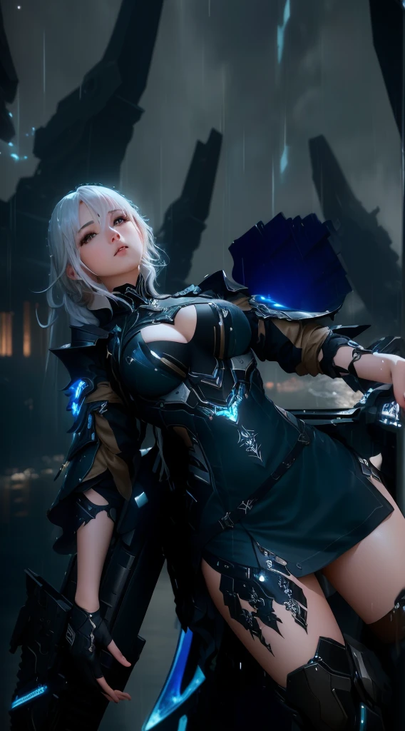 A girl wearing a cosplay costume posing for a photo, wlop sanqre style, 8k octane render, unreal engine rendering + goddess, from ncsoft, raining!, shot with canon eos r6, ultra-realistic 8k hdr photograph, 2b, 2b, <mmorpg game scene
