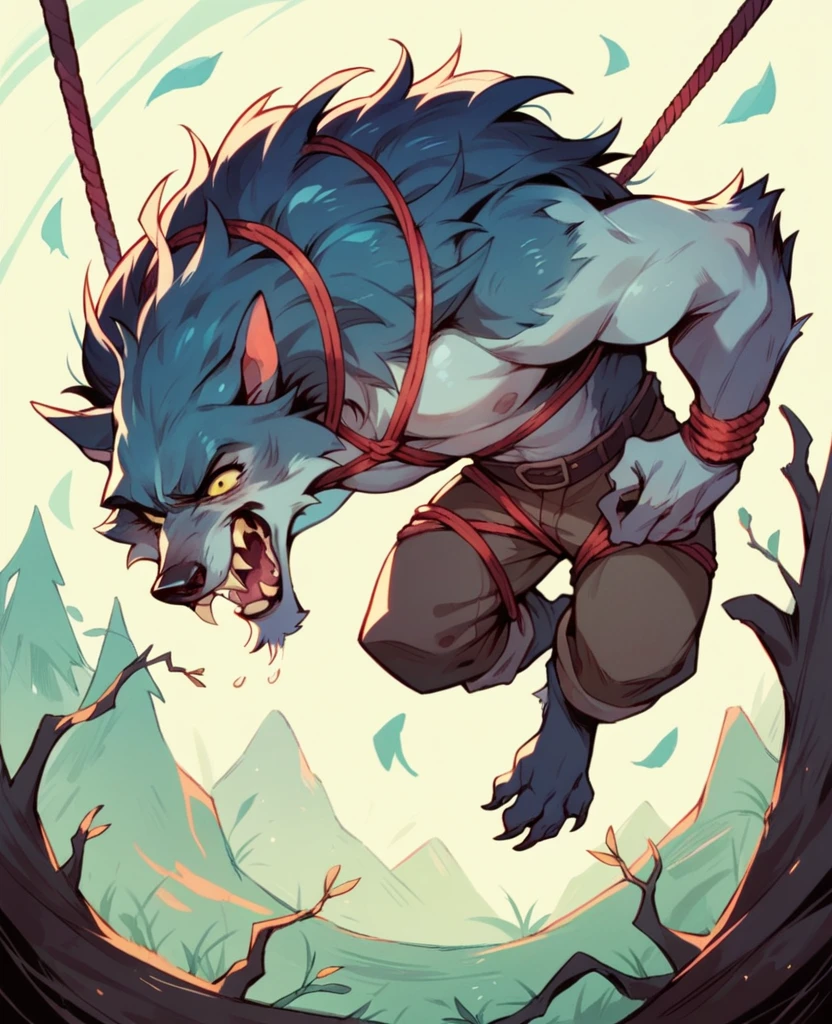 Blue and white werewolf tangled in ropes