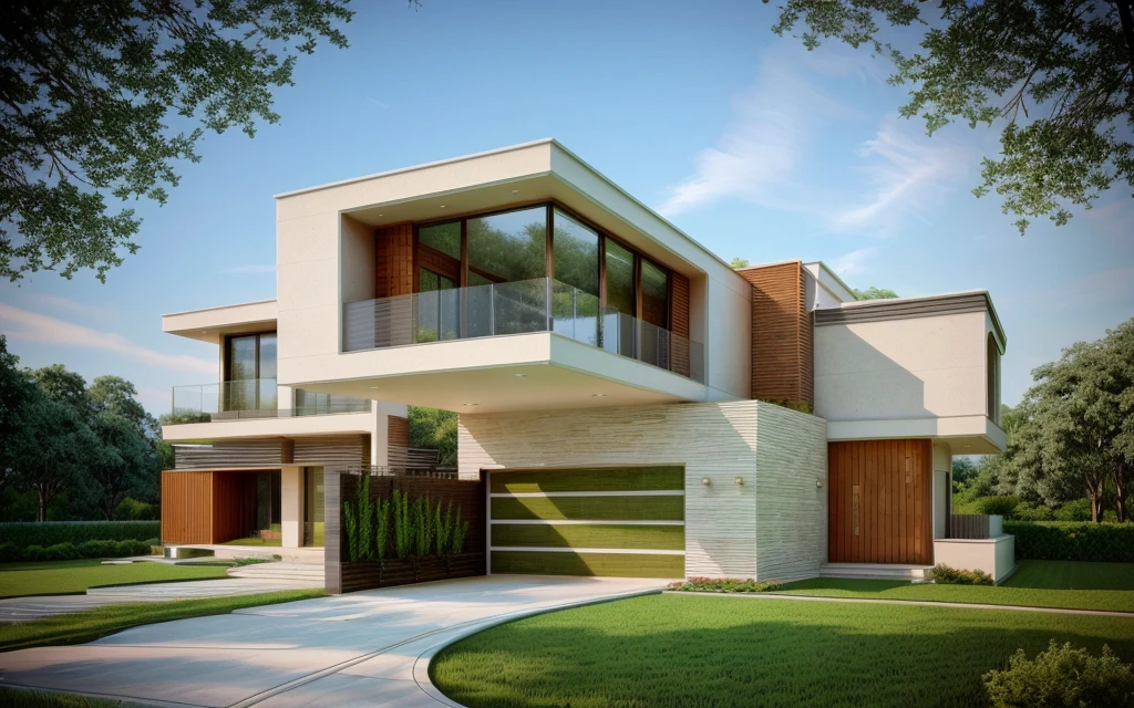 MODERN HOUSE, TREES, GRASS, IN THE MORENING