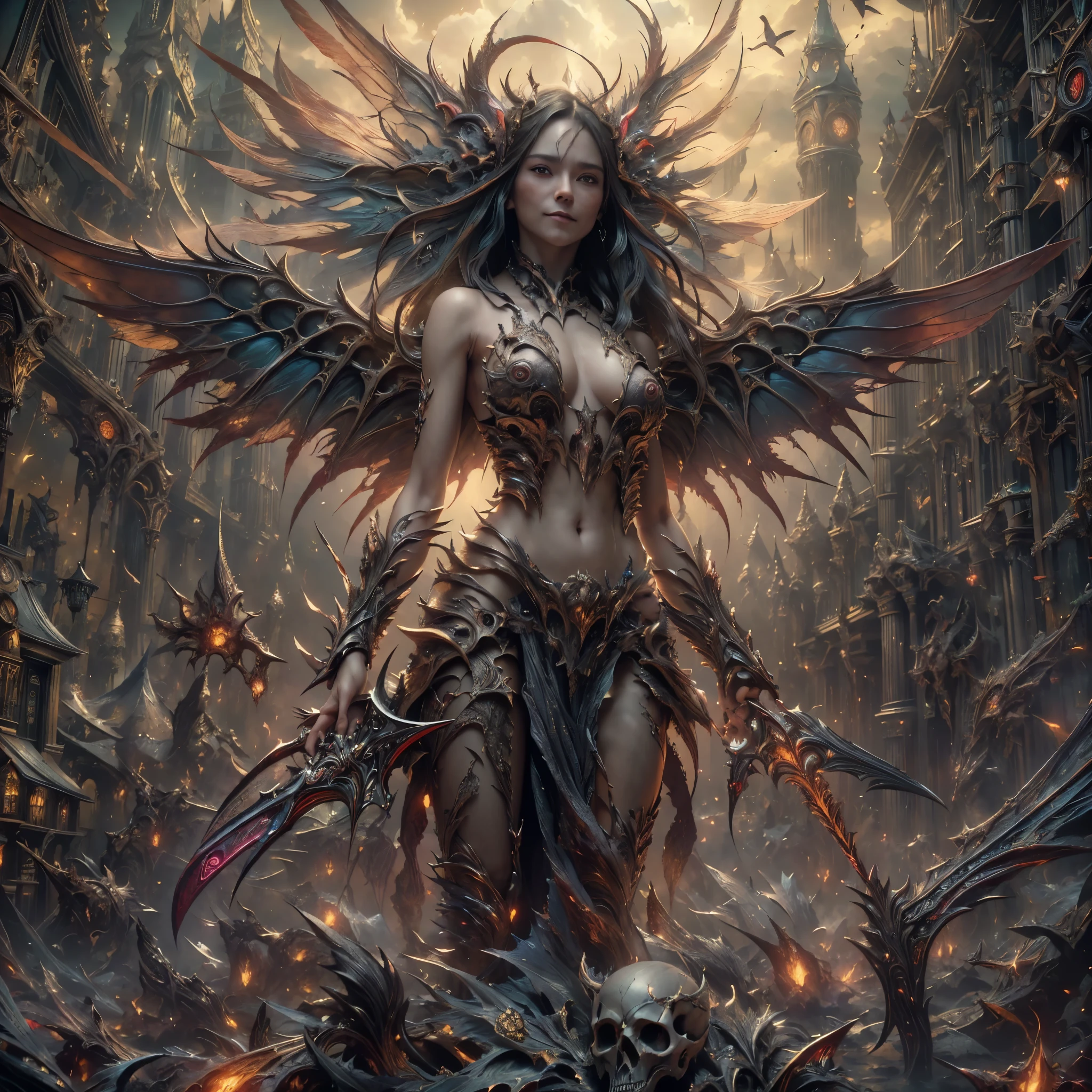lorafreyajkt48, (((8k RAW photo, hyper realistic, masterpiece, best quality, crisp detail, high definition, high detail, very rich detail, sharp focus, sharp detail, colorful, rich color, cinematic, perfect studio lightning, full body photograph, mystic atmosphere, shot from below))), ((fully naked, young colorful death goddess, (adorable baby face, round beautiful face),fully nude, smooth body, ideal body, naughty smile)), big breast, (destroying a city), (showing (pussy, vagina, genital, nipples))), ((black long hair)), killing people, ((death devil wings, tail)), ((very long sharp blade claws)), (hundreds of ( skull, bone) on the land), ((death goddess)),flying human spirits, ghost,devastated city,
