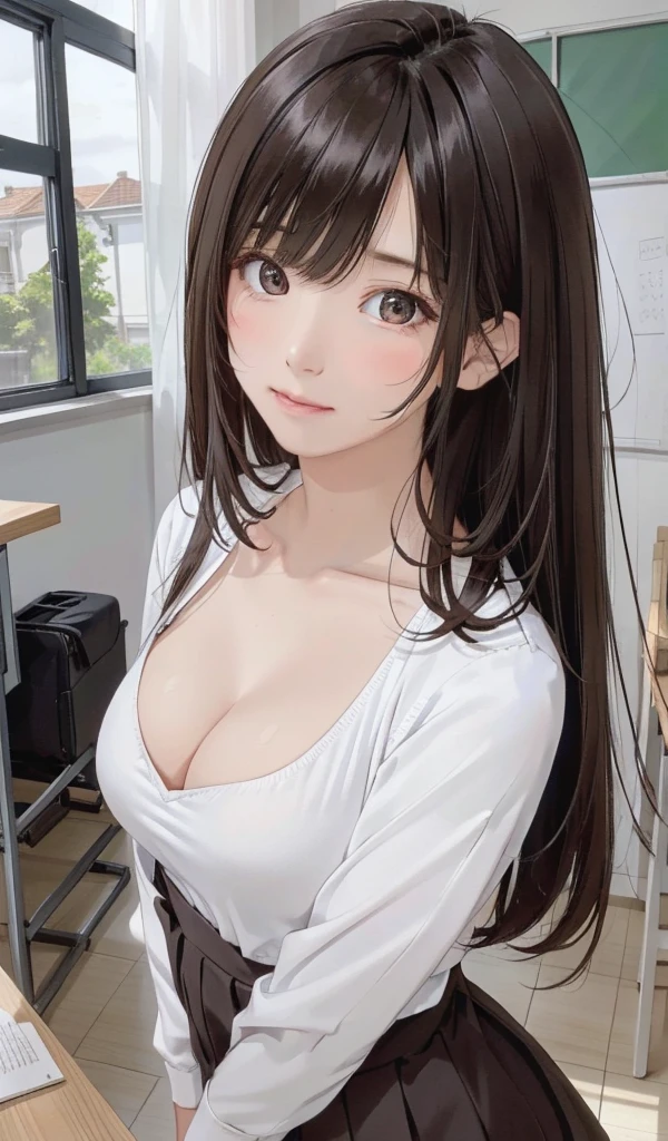 (One girl:1.3), Sexy pose, The body is slim, uniform、Bra is visible、Cleavage、
(Realistic:1.4), (masterpiece, Highest quality, Highest quality, Official Art), Very detailed, Most detailed, (Super detailed), ((Very delicate and beautiful)), Cinematic Light,  (Realistically:1.3), 
(Highly detailed skin:1.2), High resolution, 8K UHD, 4K, 8K, Bokeh, 
Digital single-lens reflex camera, Absurd, Optimal ratio of four fingers to one thumb,
In the school classroom,Standing in front of a blackboard, 
((Silky long hair)), (Brown Hair),  tears,
Beautiful Face, Perfect Face, highly detailed Beautiful Face, 
cute, shy,blush,
Dynamic Angle, From above,View your viewers,  
Wearing a brown sweater,skirt