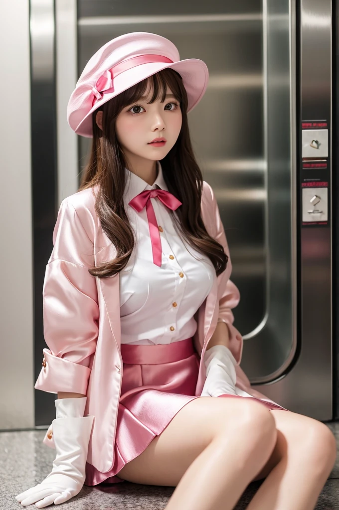 Highest quality、Elevator Girl、A short pink jacket made of shiny silk、White blouse with ribbon、Very short tight skirt、Micro Mini Skirt、A small round hat with a ribbon、Skinny、White gloves、Red cheeks and embarrassed look、Sit on the floor facing the front、Face straight