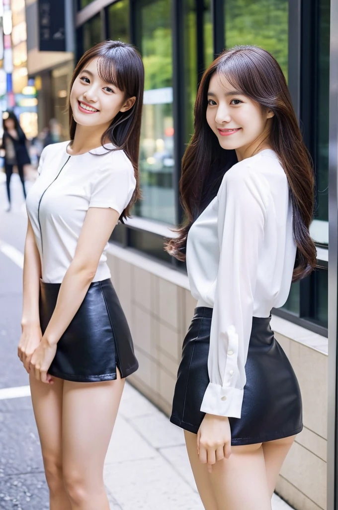 Three Japanese women wearing white shirts and short tight skirts pose for a photograph、Facing forward、Long legs、sleek legs、(Highest quality、high resolution、High resolution、masterpiece、8K:1.2)、背が高くてSlim figure、Wear tight fitting clothes、mini skirt、tall、Slim figure、Wearing high heels、Beautiful feet、Japanese female fashion model、For tight clothing、ドレスシャツとmini skirt、Detailed face、Detailed eyes、Shiny Hair、Beautiful Japanese Women、Smiling Kindly、Office Clothes、Business Casual、(Clear photos、RAW Photos、Lifelike, detailed photos:1.3)、Mid-chest、Thin arms、Natural color stockings、hose、Looking at me with a smile