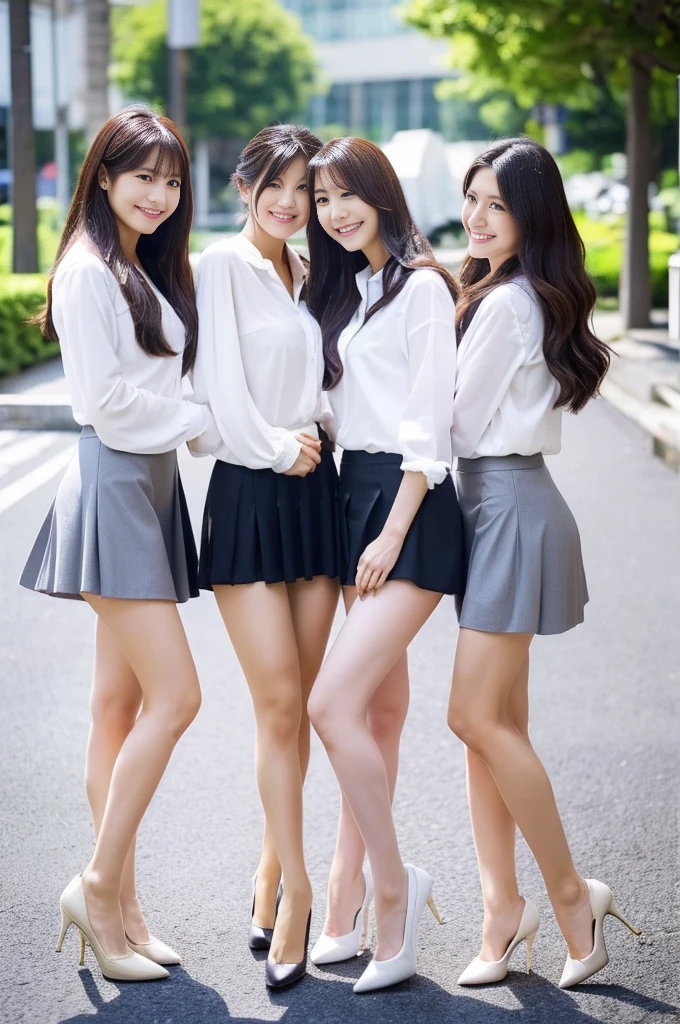 Three Japanese women wearing white shirts and short tight skirts pose for a photograph、Facing forward、Long legs、sleek legs、(Highest quality、high resolution、High resolution、masterpiece、8K:1.2)、背が高くてSlim figure、Wear tight fitting clothes、mini skirt、tall、Slim figure、Wearing high heels、Beautiful feet、Japanese female fashion model、For tight clothing、ドレスシャツとmini skirt、Detailed face、Detailed eyes、Shiny Hair、Beautiful Japanese Women、Smiling Kindly、Office Clothes、Business Casual、(Clear photos、RAW Photos、Lifelike, detailed photos:1.3)、Mid-chest、Thin arms、Natural color stockings、pantyhose、Looking at me with a smile