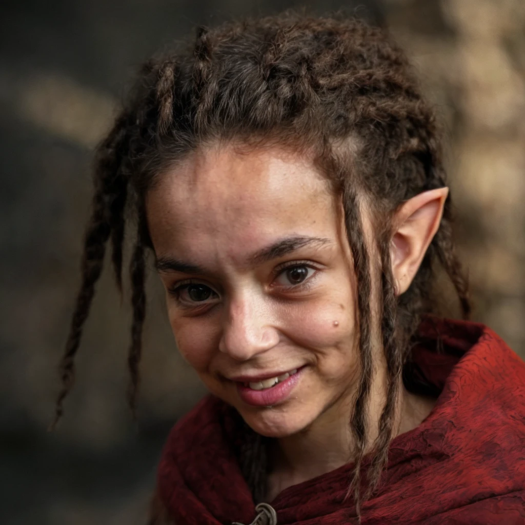 (masterpiece)+, (extremely (realistic)+,a portrait of an ugly young female halfling vagabond, Brown dreadlock hair. Child-like facial features, Pointy elf ears, bad skin, dirty, Wearing tattered cloak, Cheerful, smiling, Cheerful stare. Looking in camera. volumetrics dtx, Photorealistic, ultra detailed, Artstation trending, very very detailed, realistic shaded lighting, dynamic shadows, detailed Forest background, upper body, professional photograph of a detailed skin, sharp focus, dramatic, award winning, cinematic lighting, octane render, unreal engine, volumetrics dtx, Photorealistic, ultra detailed, Artstation trending, very very detailed, hyperrealistic, fine details, realistic shaded lighting, dynamic shadows, Forest background, add_detail:1, skin pores and wrinkles, details.,More Reasonable Details