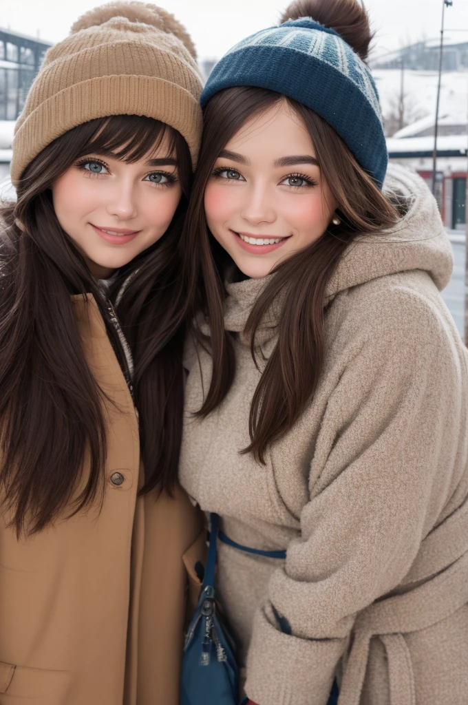 Professional photograph, best quality, 8K, hyper detailed, half body, A close up portrait of two friends posing for the camera, an argentinian male who has dark brown hair and a russian female who has light brown hair, the both of them are wearing winter outfits, Both are nice people from Argentina and Russia, who share a true and beautiful friendship between a male and female, and who are united. They're glad, smiling and enjoying a day at park in winter. They pose gladly for the camera. Railway station at background.
