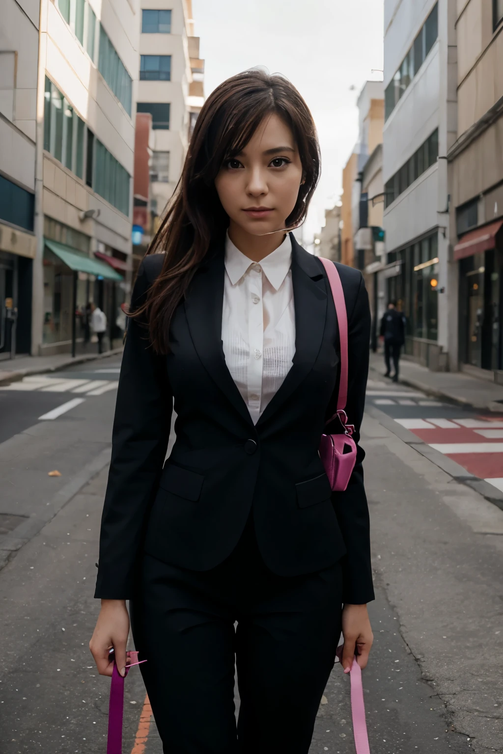 A anime woman in a tight business suit holding a leash that extends off the screen at the bottom towards me