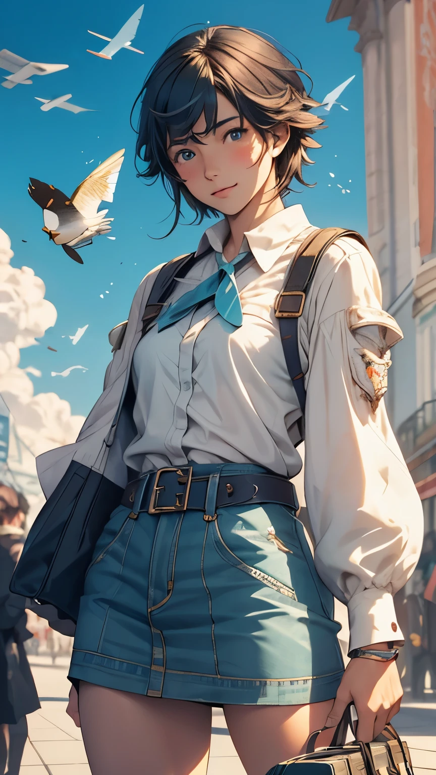 Makoto Shinkai, Sergio Toppi full colours, Fina Rifà, Ana Juan, Esteban Maroto, Surrealism, strange, bizarre, fantastical, fantasy, Sci-fi fantasy, anime, miniskirt pretty aviator, perfect voluminous body, solo girl, little moon in the sky, aviation events, model airplanes, airplane sales, airplane jazz, sky cities, philosophy of air raids, flying dreams, detailed masterpiece bird’s eye views hand coloured drawing Zoom in coquettish embarrassed cute shy blushing