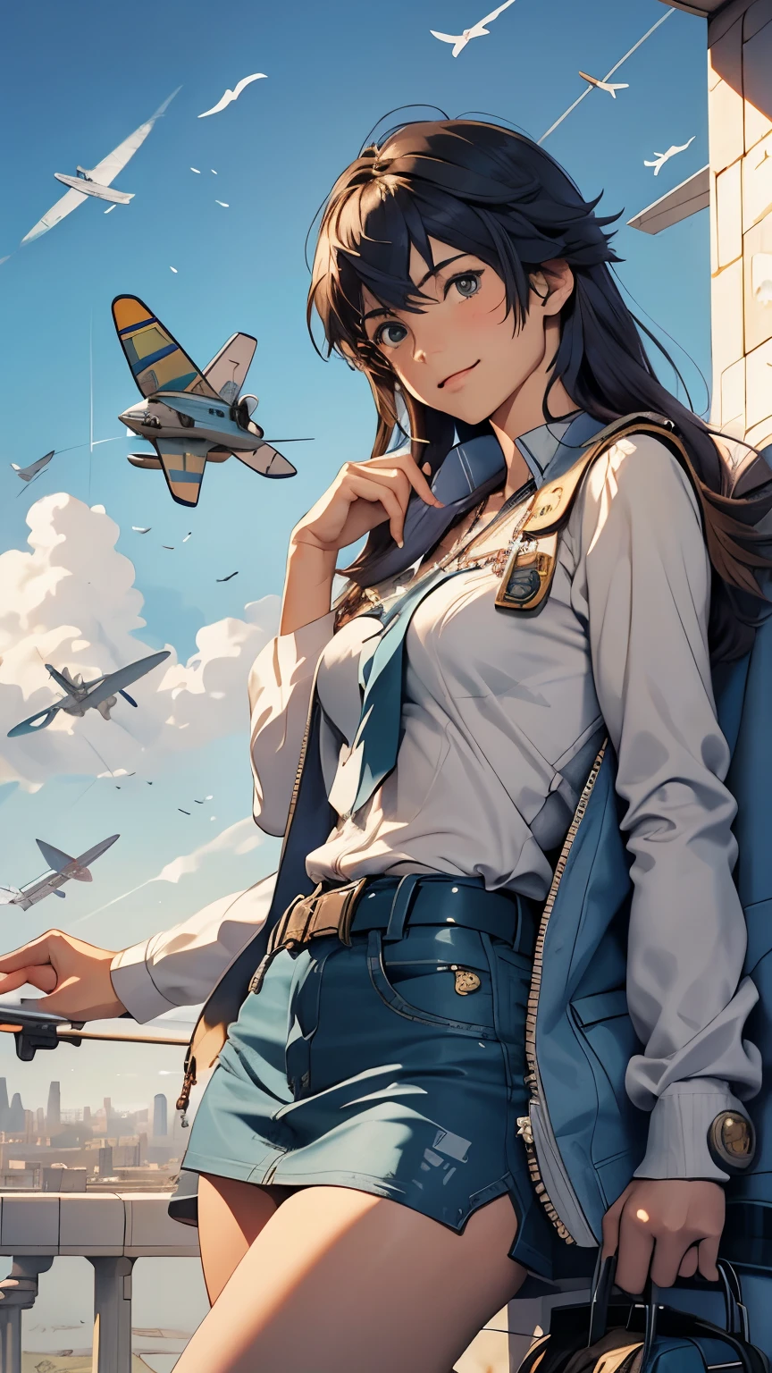 Makoto Shinkai, Sergio Toppi full colours, Fina Rifà, Ana Juan, Esteban Maroto, Surrealism, strange, bizarre, fantastical, fantasy, Sci-fi fantasy, anime, miniskirt pretty aviator, perfect voluminous body, solo girl, little moon in the sky, aviation events, model airplanes, airplane sales, airplane jazz, sky cities, philosophy of air raids, flying dreams, detailed masterpiece bird’s eye views hand coloured drawing Zoom in coquettish embarrassed cute shy blushing