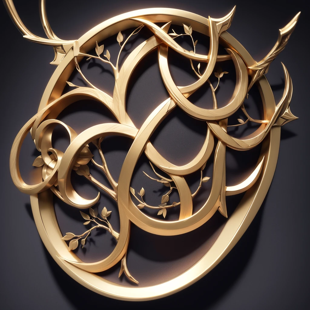 Very fine medallion made from gold. Norman's viking type infinity knot symbol in general with three of life with bright branches and the same size dark root branches of the same three in all komposition. Simetric. All detales in the shape of shield. Very fine picture. 8k. Canon mirrorglass lense. Light cinematic strong from up.