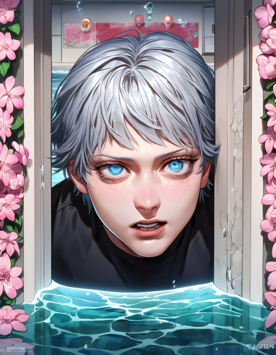 Absurd, High resolution, Super detailed, High resolution, masterpiece, Highest quality, Gojo Satoru, Gray Hair, Expressive blue eyes, White eyelashes, JUJUTSU KAİSEN, Black tight t-shirt, alone, Sexy man, good looking, Fantasy, The Shining, water, Pink Flower, Pink Flower, Pink butterfly, Pink Flowerびら