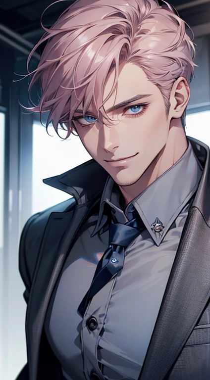 (best quality, masterpiece, 8K, photorealistic, cinematic lighting, hdr image, ultra detailed, beautiful image), a mature man, very handsome, smile, short grey pink hair, blue eyes, perfect face without errors, ((buttoning the jacket, CEO))