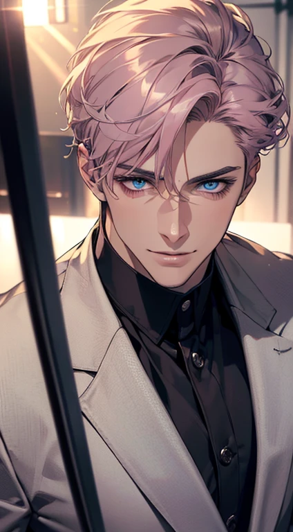 (best quality, masterpiece, 8K, photorealistic, cinematic lighting, hdr image, ultra detailed, beautiful image), a mature man, very handsome, smile, short grey pink hair, blue eyes, perfect face without errors, ((buttoning the jacket, CEO))