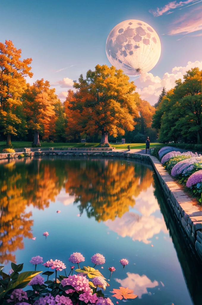 masterpiece, best quality, high quality, Very detailed CG 8k wallpaper unit, landscape, outdoor, set up, medieval tavern, Autumn sky, autumn dusk, Autumn And Winter, cloudy day, The big moon shines, Award-winning photography, Depth of Field, high dynamic range, Flowers, fountain, Hydrangea, Realistic, Very detailed, Wheels within wheels, high detail, Dramatic, art on the go,  Art Station Trend, Trending in CGSociety, Chromatic Aberration.
