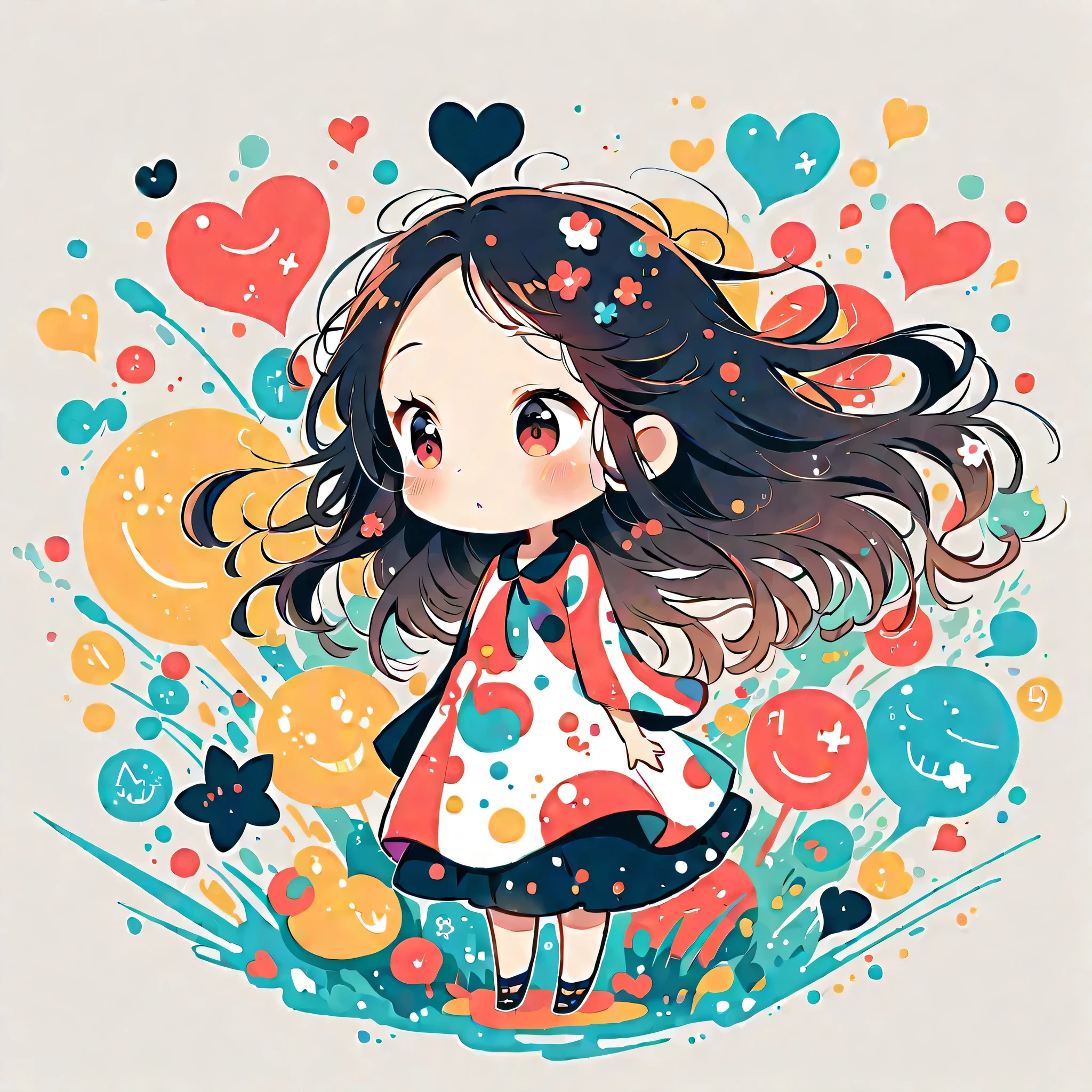 Black Star Red and White style, Simple Line Initialism,Abstract art,Urban Background, colorful hearts ,(((The most beautiful girl of all time))), (((chibi))), walking with Cute amoeba. Rain