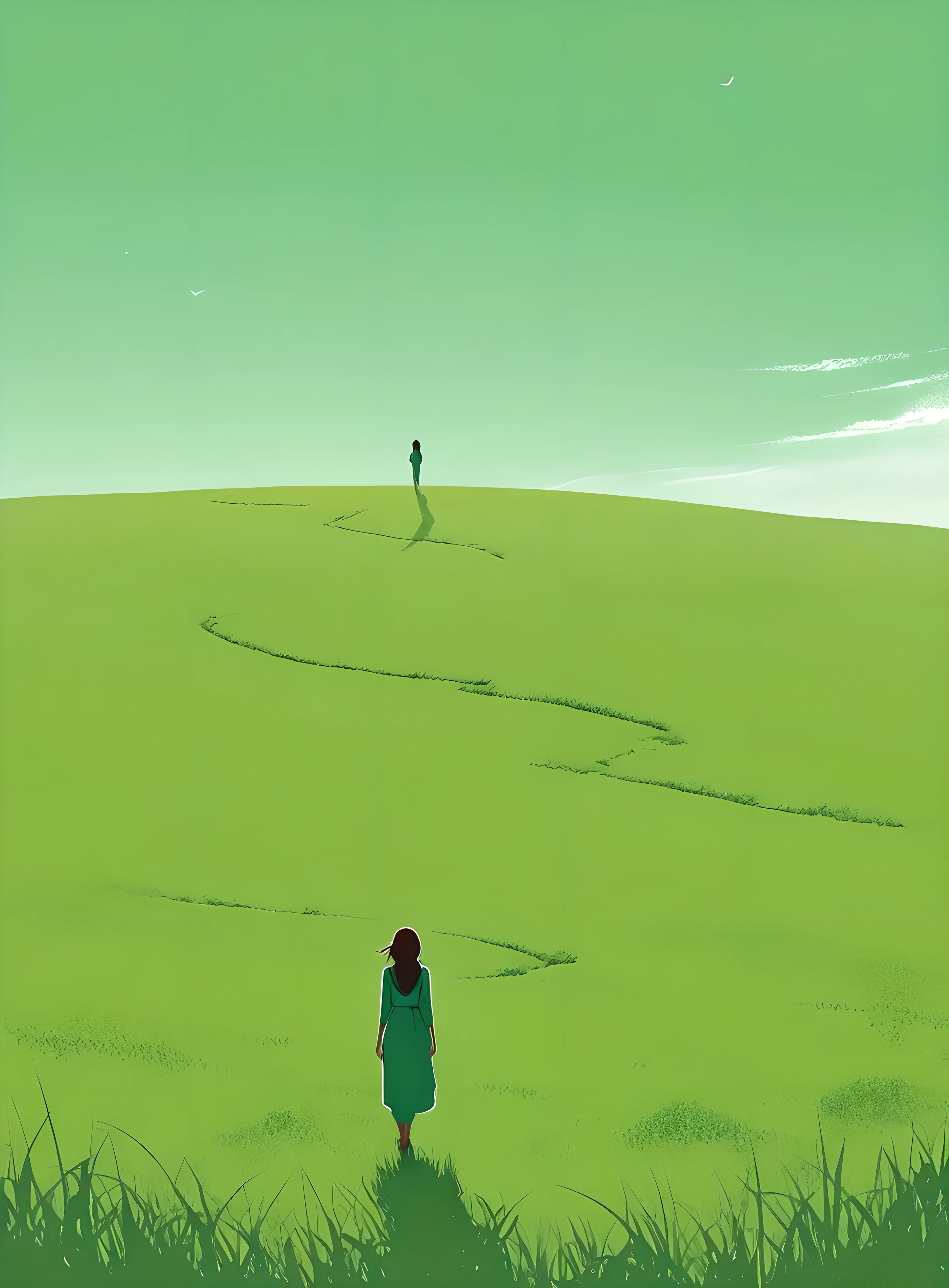 Minimalist Journey,solitary, green grassland,1 girl looking up at the sky, Minimalism, In the savannah, illustration.