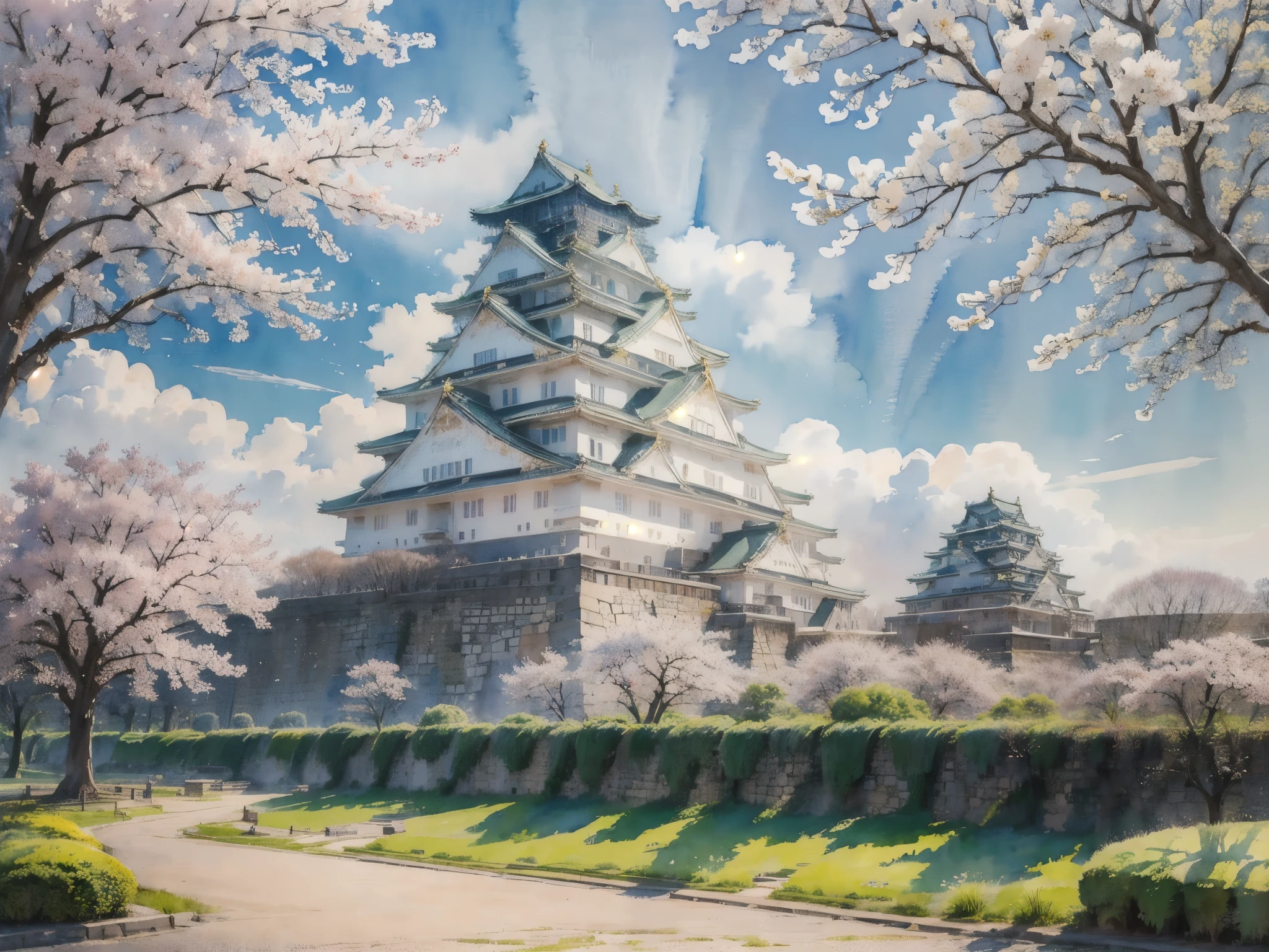 (masterpiece),(Highest quality:1.2),(Very detailed:1.2),(High resolution),(((watercolor))),8K,wallpaper,Osaka Castle,((spring)),(osakajou, cloud, tree, sky, outdoors, scenery, architecture, day, building, cloudy sky, road, blue sky, real world location)
