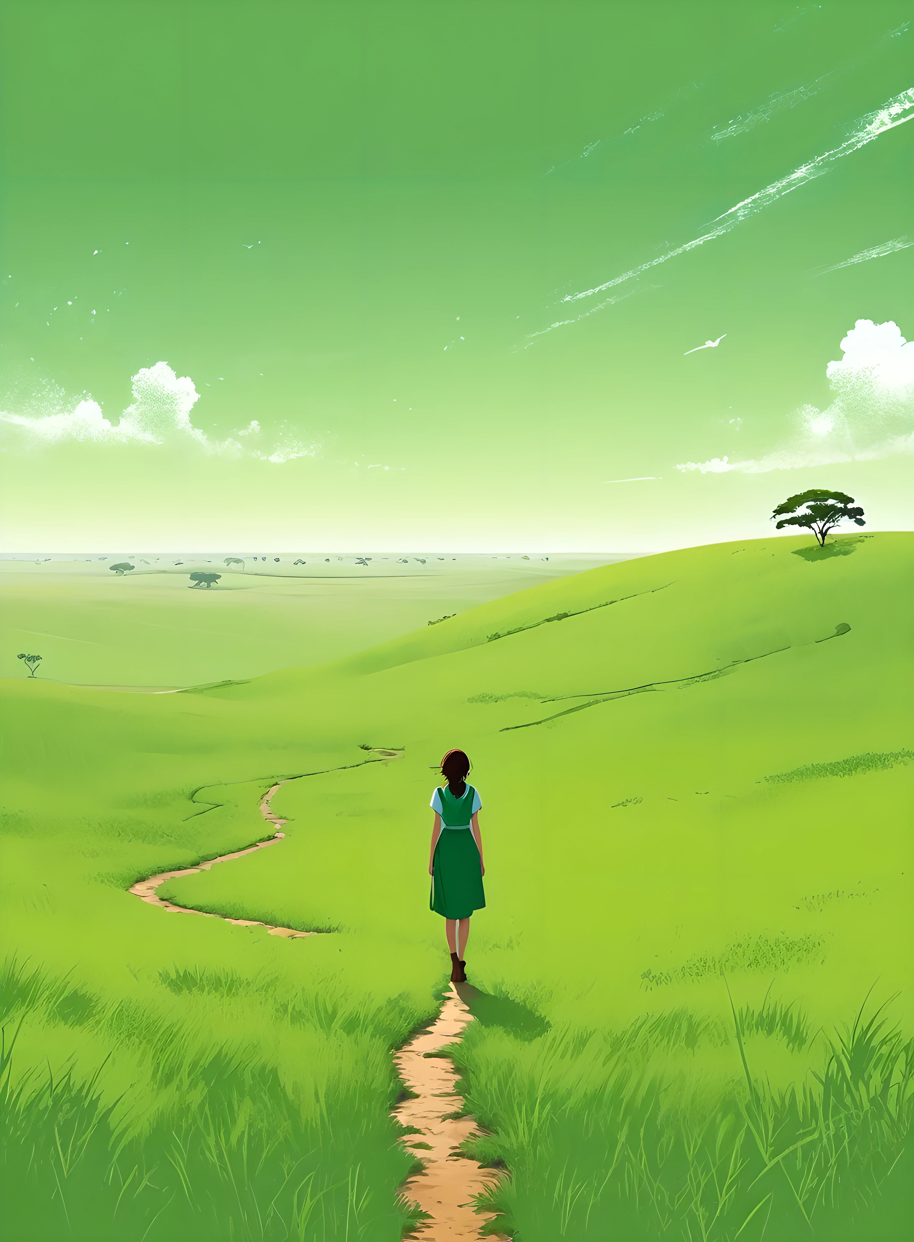 Minimalist Journey,solitary, green grassland,1 girl looking up at the sky, Minimalism, In the savannah, illustration.