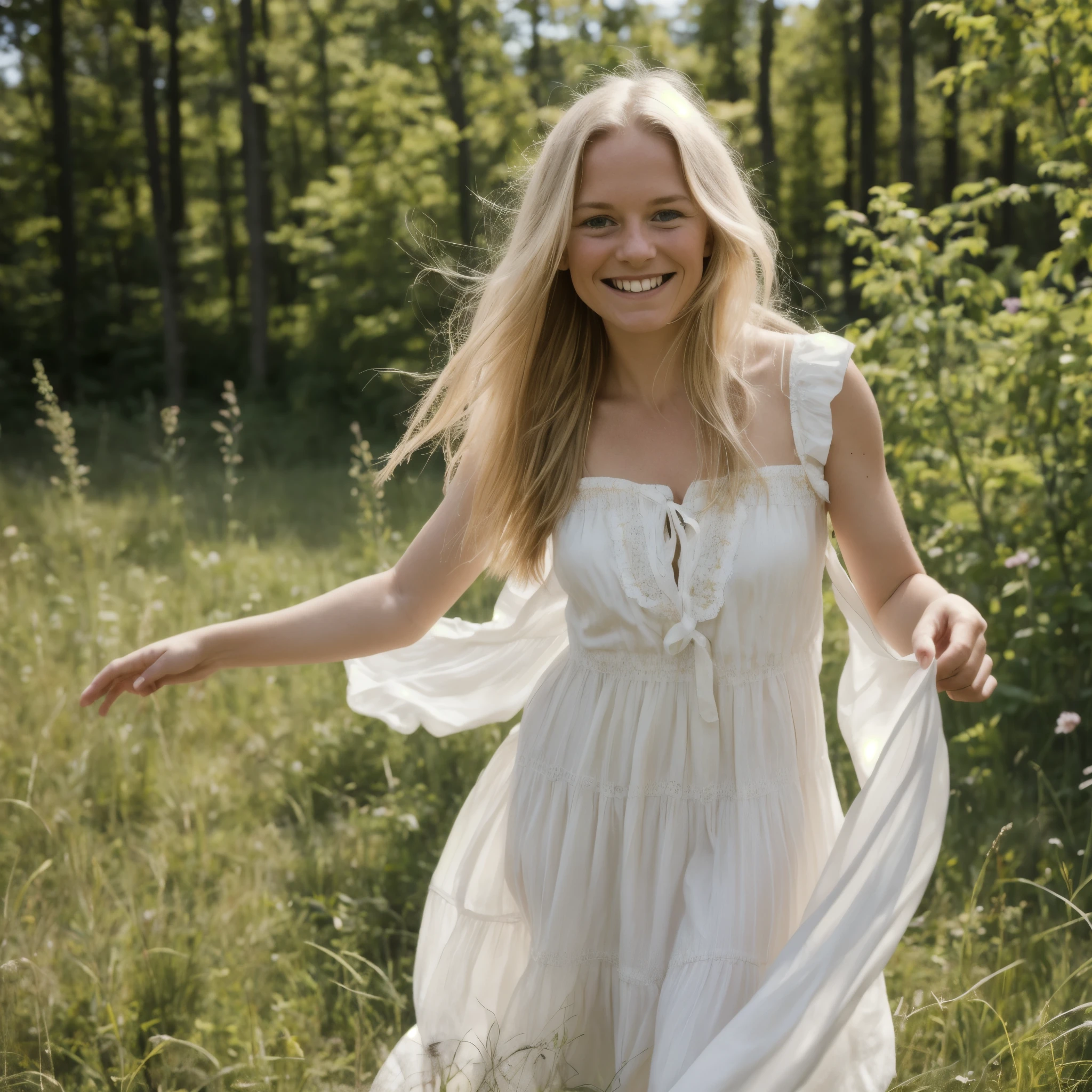 A closeup portrait photo of beautiful 25 year old pretty swedish blonde smiling girl, dancing. Nice traditional Swedish long dress, Sweden natural summer environments Canon EOS 5D Mark IV, high emotional impact, experimental photography