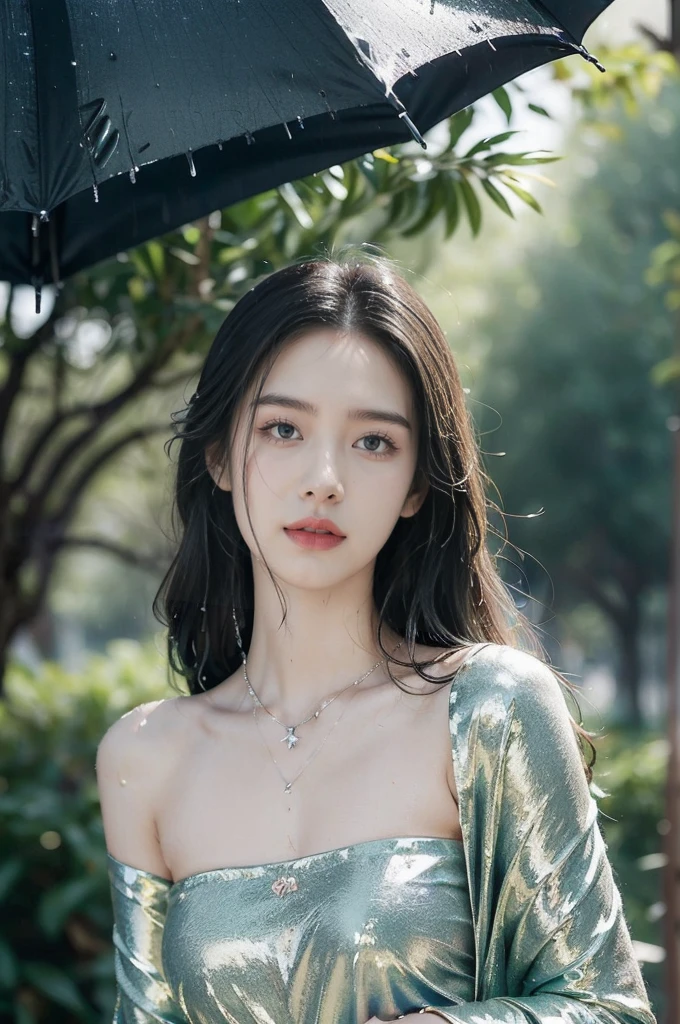(((best quality))),(((ultra detailed))),(((masterpiece))),illustration,1 beautiful girl,solo,slim,thin,flat chest,shoulder length straight bob hair,flowing hair,fair skin,(shiny skin:1.3),sparkling eyes,blue dress,delicate necklace,grass,dewdropletts,trees,bird chirping,(shimmering shadows:1.3),serenity,gratitude,awe,wonders of nature,peace,contentment,magnificent world,summer,(pitch-dark dawn:1.5),(night scene:1.3),upper body,from front,(after rain:1.3),(wet:1.3),standing,dark clouds,confident gaze,elegant posture,mysterious atmosphere,solemn mood,beam of light,deep blue sky,dawn approaching,detailed decorations