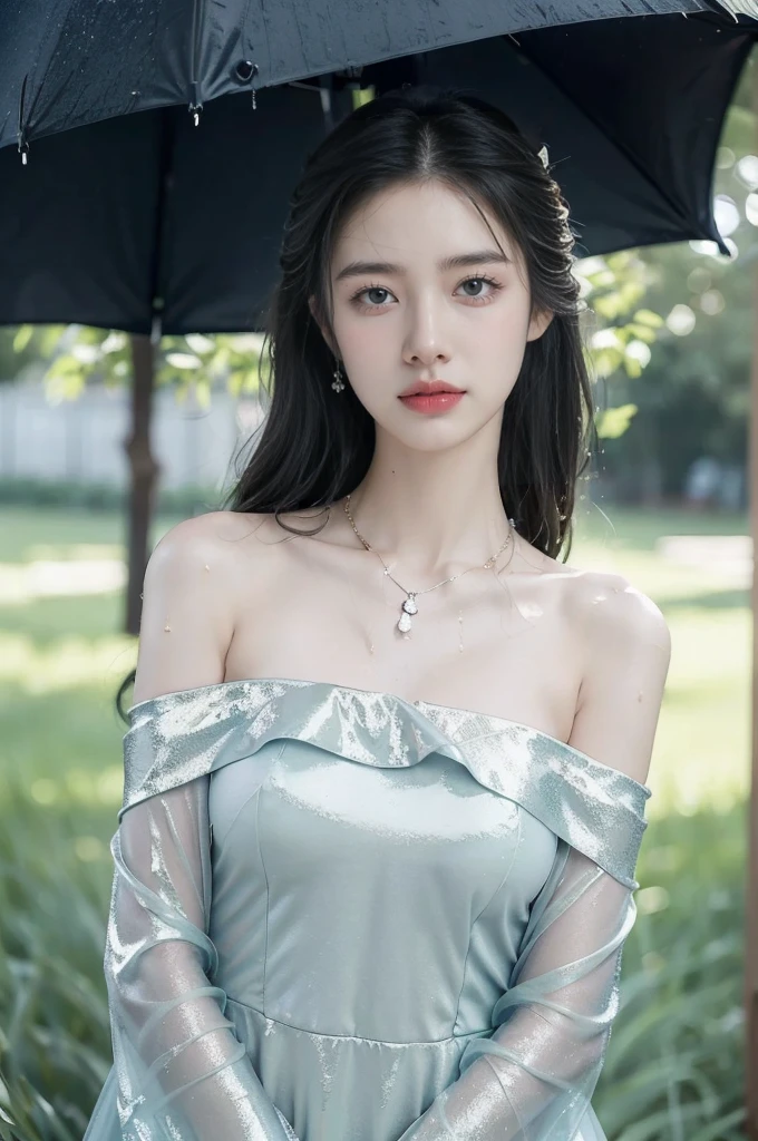 (((best quality))),(((ultra detailed))),(((masterpiece))),illustration,1 beautiful girl,solo,slim,thin,flat chest,shoulder length straight bob hair,flowing hair,fair skin,(shiny skin:1.3),sparkling eyes,blue dress,delicate necklace,grass,dewdropletts,trees,bird chirping,(shimmering shadows:1.3),serenity,gratitude,awe,wonders of nature,peace,contentment,magnificent world,summer,(pitch-dark dawn:1.5),(night scene:1.3),upper body,from front,(after rain:1.3),(wet:1.3),standing,dark clouds,confident gaze,elegant posture,mysterious atmosphere,solemn mood,beam of light,deep blue sky,dawn approaching,detailed decorations