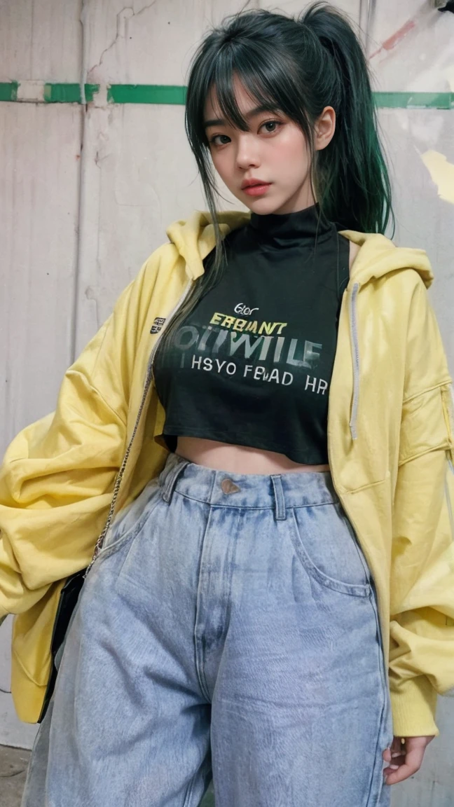 21yo girl,green hair,long hair, high ponytail with bangs framing her face, wearing oversize yellow bomber hoodie, hot pants, natural big breast, show big thigh, plump body. single sidelock hairpin blush modern cinematic lighting,ray tracing,drop shadow wide shot UHD,textured skin,high details,best quality 4K, (from below:1.5), (realistic:1.1), (surreal:1.2), (very detailed:1.1)