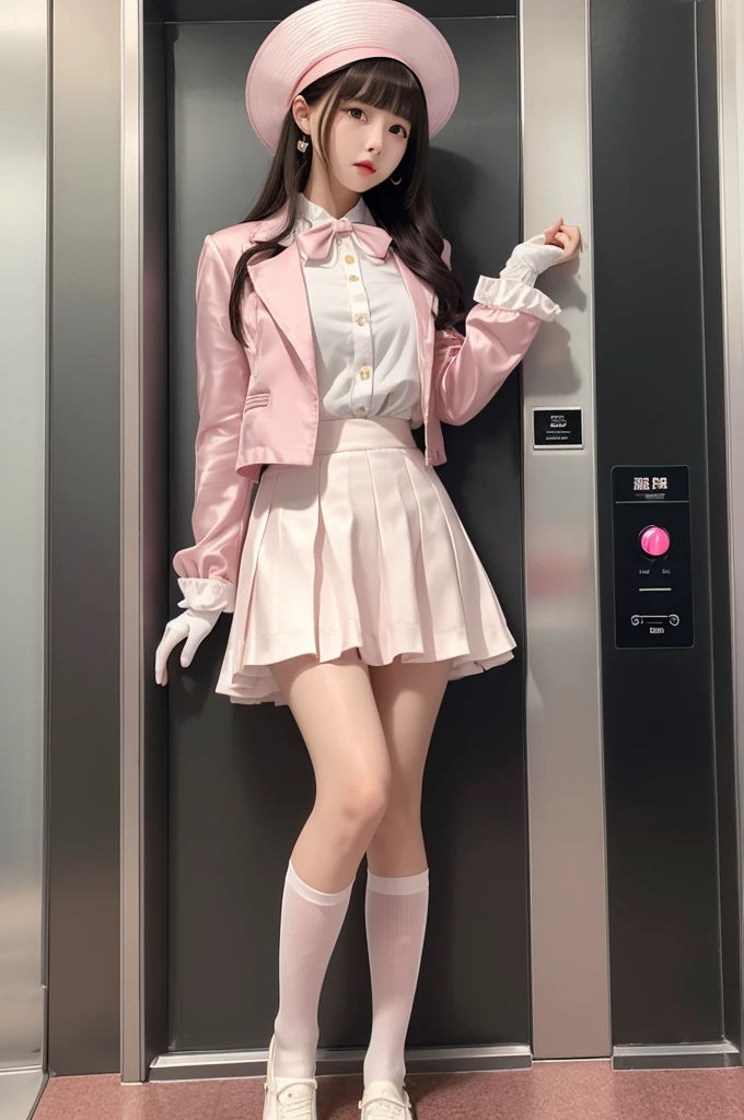 Highest quality、Elevator Girl、A short pink jacket made of shiny silk、White blouse with ribbon、Very short tight skirt、Micro Mini Skirt、A small round hat with a ribbon、Skinny、White gloves、White over-the-knee socks、Red cheeks and embarrassed look、Sit on the floor facing the front、Face straight