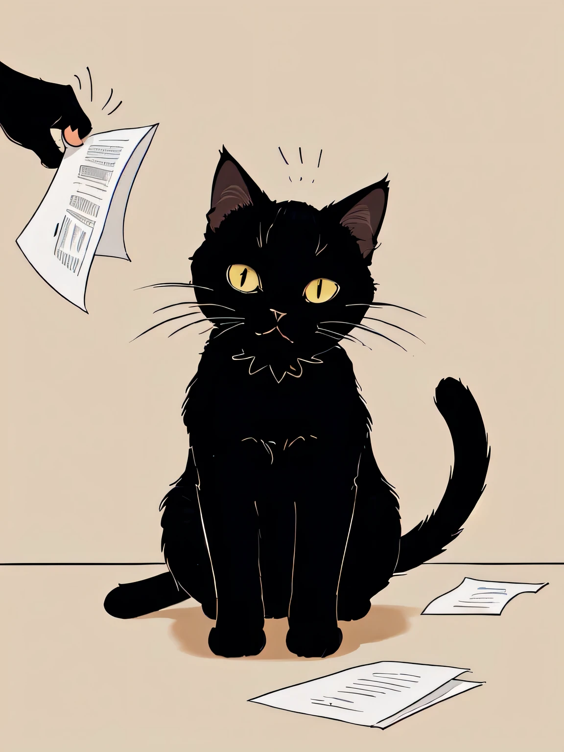 1cat, cute black cat, black cat, adorable, furry, tired, holding many paper in its paw, cat engineer, cat work, exaggerated movements, happy, sad, surprised, shocked, cute, adorable, q version, clean background,