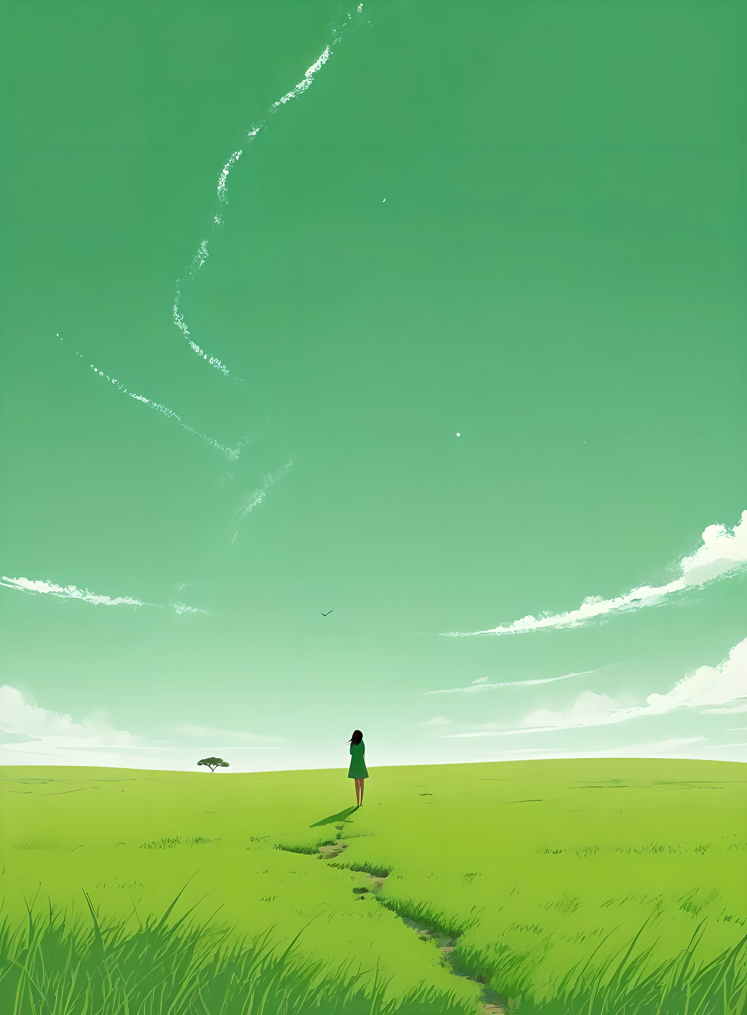 Minimalist Journey,solitary, green grassland,1 girl looking up at the sky, Minimalism, In the savannah, illustration.