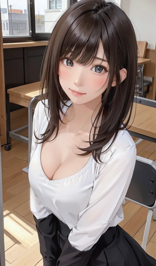 (One girl:1.3), Sexy pose, The body is slim, uniform、水色のワイシャツとチェックのプリーツskirt、Bra is visible、Cleavage、
(Realistic:1.4), (masterpiece, Highest quality, Highest quality, Official Art), Very detailed, Most detailed, (Super detailed), ((Very delicate and beautiful)), Cinematic Light, (Realistically:1.3),
(Highly detailed skin:1.2), High resolution, 8K UHD, 4K, 8K, Bokeh,
Digital single-lens reflex camera, Absurd, Optimal ratio of four fingers to one thumb,
In the school classroom,Standing in front of a blackboard,
((Silky long hair)), (Brown Hair), tears,
Beautiful Face, Perfect Face, highly detailed Beautiful Face,
cute, shy,blush,
Dynamic Angle, From above,View your viewers,
Wearing a brown sweater,skirt
