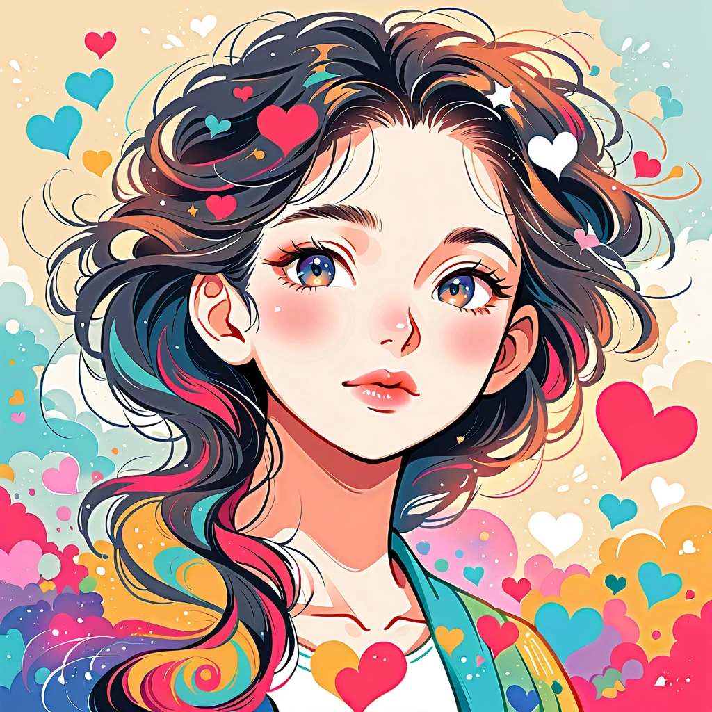 Black Star Red and White style, Simple Line Initialism，Abstract art，Urban Background, colorful hearts ,(((The most beautiful girl of all time))), Lips in love, オシャレメガネ