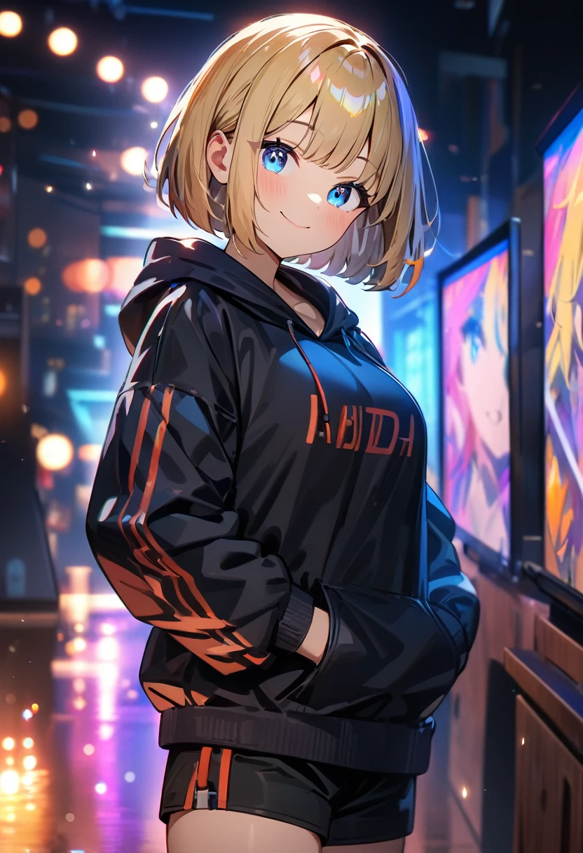 (((One girl))), blond hair, bob cut, (upper body), (looking at viewer), breasts, teenager, head tilt:1.3, (((blue eye))), (from side), hand in pocket, ((happy smile)), black hoodie, black shorts, anime style, (best quality, 4k, 8k, highres, masterpiece:1.2, ultra-detailed, ultra-detailed eyes, HDR, UHD, studio lighting, ultra-fine painting, sharp focus, physically-based rendering, extreme detail description, professional, vivid colors, bokeh)
