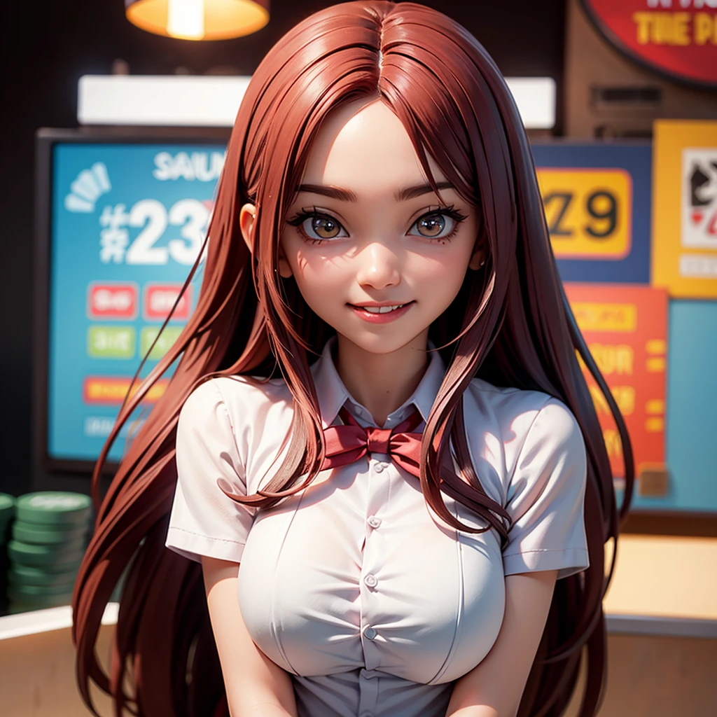 happy and smile, indonesian girl wearing high , teasing you, waiting customer play, work as casino customer service, red casino background, polite and kind, POV, Sweet Face, red hair