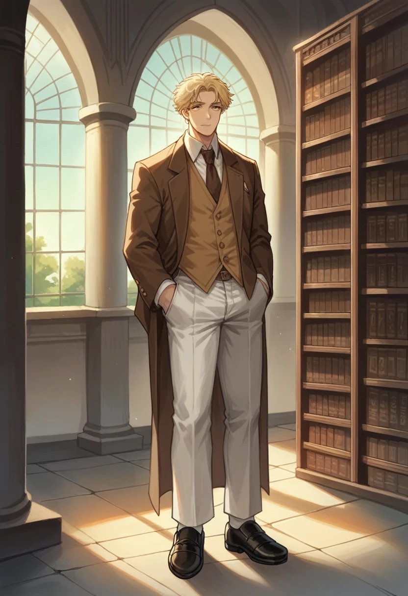 Gorgeous man, strong physique, black colored social blouse, long white pants, black colored social shoes, blonde hair split in the middle, straight hair, brown colored eyes, slender appearance, elegant, library scenery, brown tie, indifferent look, ancient kingdom, man in his 40s.