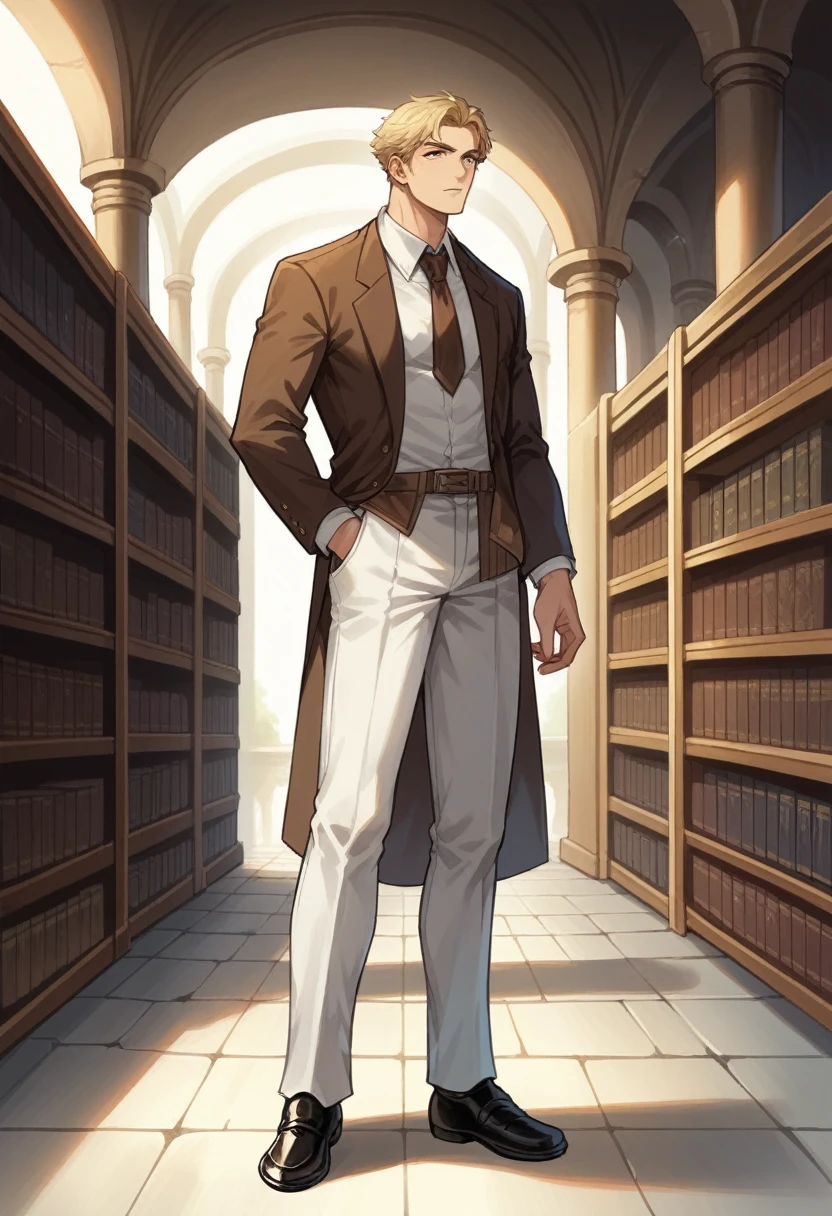 Gorgeous man, strong physique, black colored social blouse, long white pants, black colored social shoes, blonde hair split in the middle, straight hair, brown colored eyes, slender appearance, elegant, library scenery, brown tie, indifferent look, ancient kingdom, man in his 40s.