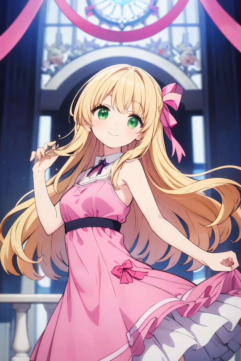 Blonde hair, With green eyes,Pink ribbons in back hair,Smile warmly,Student councils,Pink dress,Elegant dress,18 years old