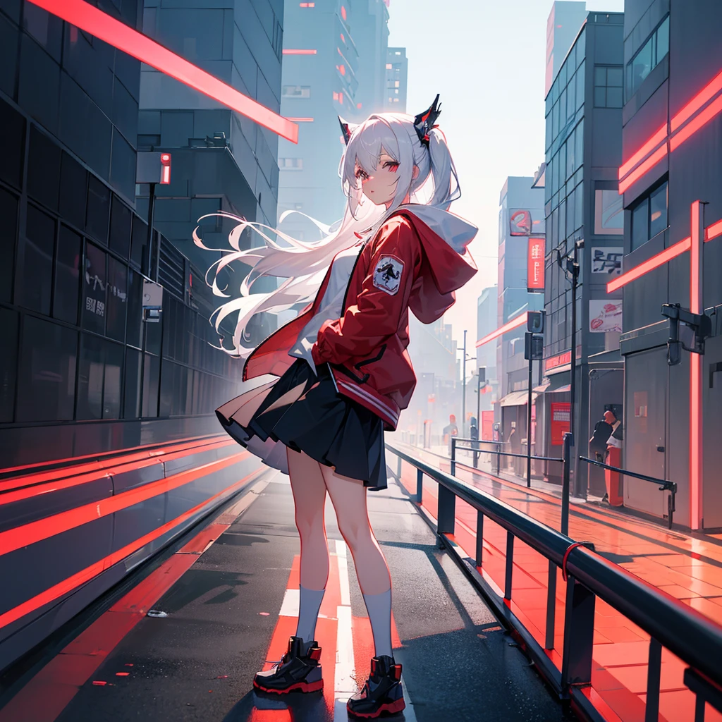 White-haired anime girl in a red jacket posing in front of a building, Anime style 4 k, Cyberpunk anime girl wearing a hoodie, Azur route style, Popular on cgstation, Bad guy anime 8k, best anime 4k konachan wallpaper, Anime style. 8K, Popular on cgstation内容, 4k anime wallpaper, Digital Cyberpunk Anime Art, Anime Wallpaper 4K