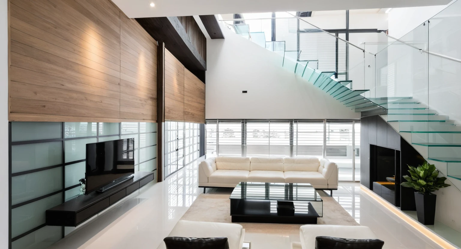 Raw photo,Masterpiece, high quality, best quality, authentic, super detail, indoors, interior , ((living room :1.3)) , modern style, daylight, (WHITE WALL), mezzanine floor, glass door.