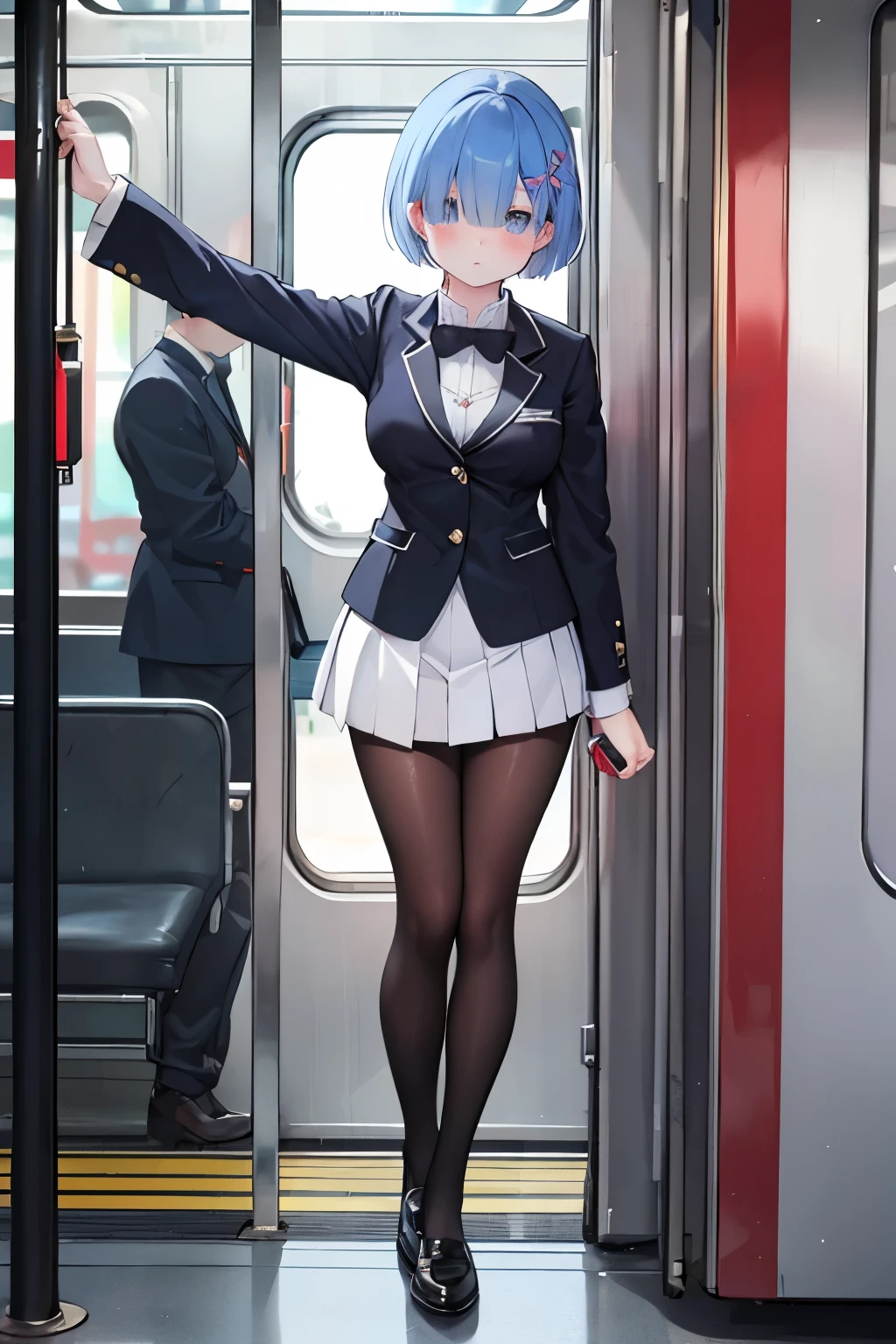 (8K、Highest quality、highest quality、masterpiece)、Detailed face、One girl、ONE boy、Rem from Re:Zero、 、short hair、、blunt bangs、Grey Eyes、、、((Blazer jacket))、((White shirt))、((Pleated skirt))、((No panties))、((bent over))、電車のAngle from the outside、Angle from the outside、Standing in front of the train door、Sticks to the door glass、((Pressing her chest against the train window 1.6))Spread your legs、Very large breasts、Nipples are visible、、Black Pantyhose、Milk dripping from nipples、Milk spurting from the nipple、、Open your mouth、Troubled face、Close ~ eyes、Love juice from the genitals、Full body portrait、crowded train、Black Loafers