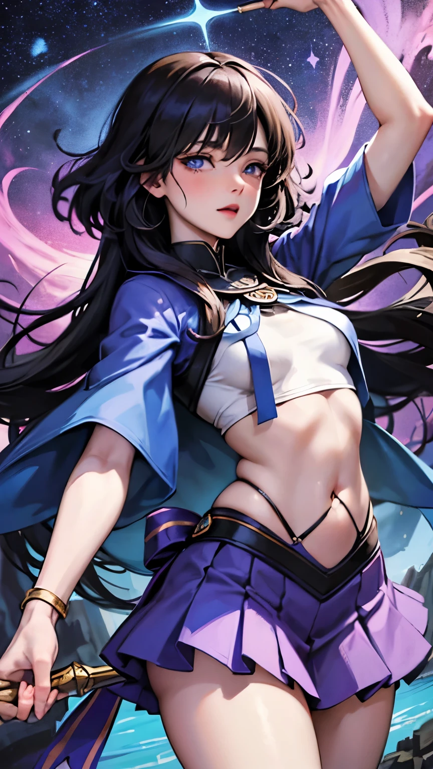 Grown-up girl, long black hair with white strands, high ponytail, red eyes, purple lipstick, white Chinese dress, sleeveless, open breasts, open belly, smirk, purple flame, Masterpiece, high quality, 4k, HD, Good detail