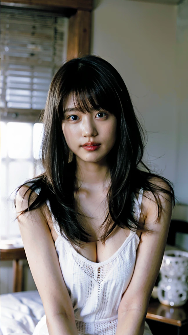 masterpiece、Highest quality、16K、RAW Photos、Very detailed、Ultra-high resolution、Ultra-high resolution,Written boundary depth、Very detailed、Bedroom、dim、Cinema Lighting、Professional Lighting、Pale shading、Low contrast、beautiful girl、Smooth, Silky skin、Clear white skin、)、(Smooth and beautiful thighs:1.6)、Big Breasts、Cleavage、Beautiful and beautiful eyes、(Droopy eyes)、Long eyelashes、Transparent double eyelids、Tear bags、(Thin eyebrows:1.0)、(Thin lips:1.0)、Natural Makeup、Natural color lip、A smile that makes people happy、(Floating Hair、Messy Hair、),(The bangs are see-through)、lingerie、Head to thigh photo