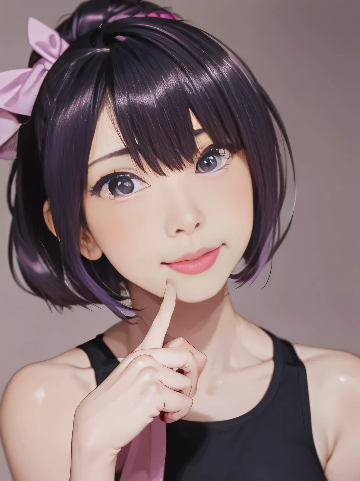 Appearance: Purple hair in a double-bun hairstyle
Expression: Blushing face, tears in eyes, tongue sticking out
Condition: Slightly sweaty
Background: Simple white background
Features: Bubbles floating around